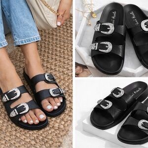 Elegant Black Slide Sandals with Silver Accents